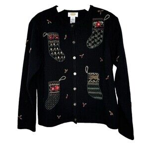 Talbots Christmas Sweater Lambswool Sz PL Holly Embroidered Black Stockings